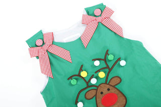 Green Swing Dress with Pompom Reindeer