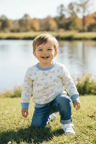 Cassidy Comfy Crewneck Sweatshirt – Quack Quack Honk (Palmetto Pearl) with Barrington Blue-Boys Sweatshirt/Pullover-Simply Blessed Children's Boutique