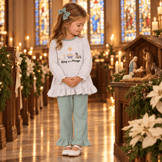 Three Sisters Girls Away in a Manger Christmas Ruffle Pant Set - Simply Blessed Children's Boutique