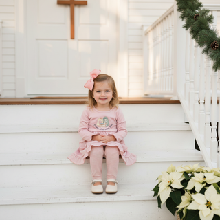 Millie Jay Girls Pink Nativity Applique Ruffle Top with Striped Leggings-Girls Outfit Sets-Simply Blessed Children's Boutique