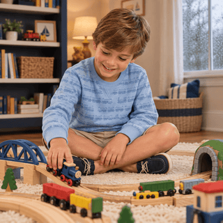 Cassidy Comfy Crewneck Boys French Terry - Blue Choo Choos/Beale Street Blue by The Beaufort Bonnet Company-Boys Sweatshirt/Pullover-Simply Blessed Children's Boutique