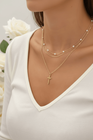 Cross and Pearl Layered Chain Necklace-Women's Necklace-Simply Blessed Children's Boutique
