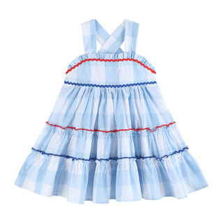 Lil Cactus Girls Blue Gingham Patriotic Layered Sundress