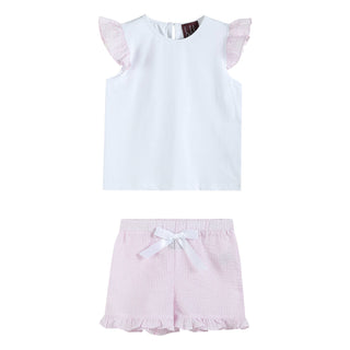 White and Pink Seersucker Baby Top and Shorts Set