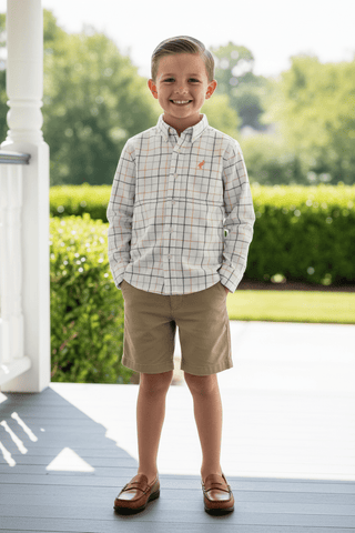 Dean's List Shirt (Flannel) – Mantua Tattersall with Seashore Sherbert Stork From The Beaufort Bonnet Company-Boys Long Sleeve Shirts-Simply Blessed Children's Boutique