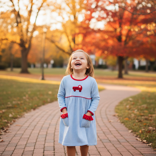 Itsy Bitsy Toddler Girls Light Blue Firetruck Dress with Red Trim-Girls Dresses-Simply Blessed Children's Boutique