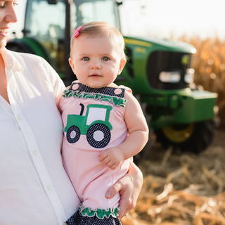 Millie Jay Pink Striped Tractor Applique Jay Ruffle Romper-Girls One-Piece-Simply Blessed Children's Boutique