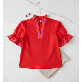 Fiery Red Colorblock Ruffled Mock Neck Blouse-Women's Short Sleeve Shirt-Simply Blessed Children's Boutique