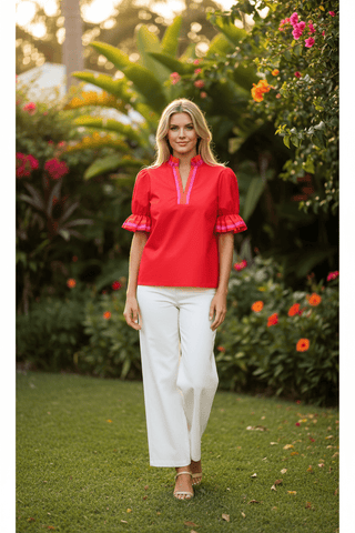Fiery Red Colorblock Ruffled Mock Neck Blouse-Women's Short Sleeve Shirt-Simply Blessed Children's Boutique