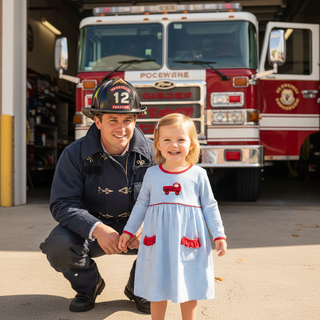 Itsy Bitsy Toddler Girls Light Blue Firetruck Dress with Red Trim-Girls Dresses-Simply Blessed Children's Boutique