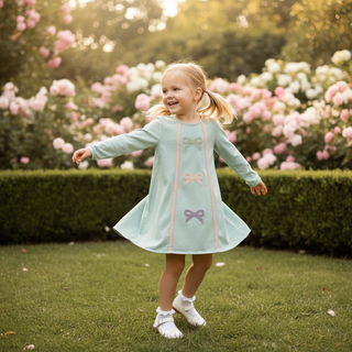 Banana Split Girls Long Sleeve Light Blue Maci Dress with Pastel Bows-Girls Dresses-Simply Blessed Children's Boutique