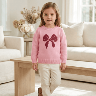 Mud Pie Girls Pink Bow Crewneck Sweater-Girls Sweatshirt/Pullover-Simply Blessed Children's Boutique