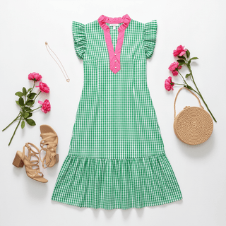 Bright Green Color-Blocked Gingham Plaid Midi Dress-Women's Dresses-Simply Blessed Children's Boutique