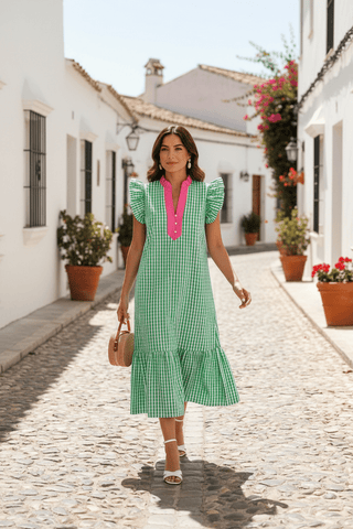 Bright Green Color-Blocked Gingham Plaid Midi Dress-Women's Dresses-Simply Blessed Children's Boutique