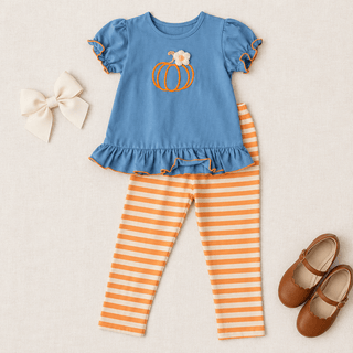 Three SIsters Girls Pumpkin Patch Ruffled Top and Legging Set-Girls Outfit Sets-Simply Blessed Children's Boutique