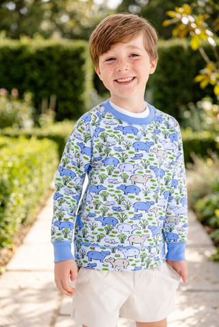 Cassidy Comfy Crewneck Boys FT - Bal Harbour Hippo (Beale Street Blue)/Sunrise Blvd Blue by The Beaufort Bonnet Company-Boys Sweatshirt/Pullover-Simply Blessed Children's Boutique