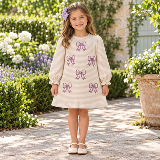 Three Sisters Girls Long Sleeve Bow Embroidery Dress-Girls Dresses-Simply Blessed Children's Boutique