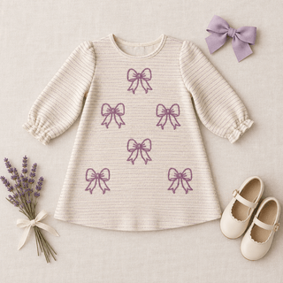 Three Sisters Girls Long Sleeve Bow Embroidery Dress-Girls Dresses-Simply Blessed Children's Boutique