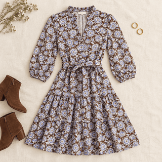 Jodifl Women's Blue and Brown Floral V-Neck Dress with Waist Tie-Women's Dresses-Simply Blessed Children's Boutique