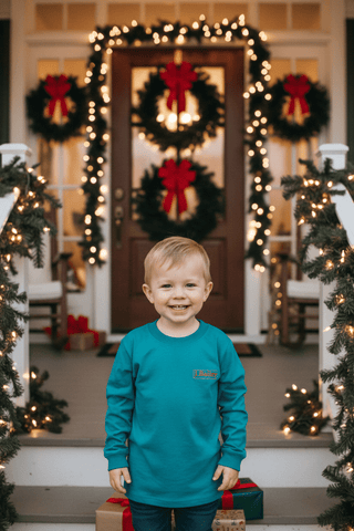 J. Bailey Long Sleeve Logo Tee- Santa Dog on Teal-Boys Long Sleeve Shirts-Simply Blessed Children's Boutique