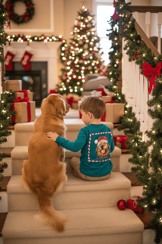 J. Bailey Long Sleeve Logo Tee- Santa Dog on Teal-Boys Long Sleeve Shirts-Simply Blessed Children's Boutique