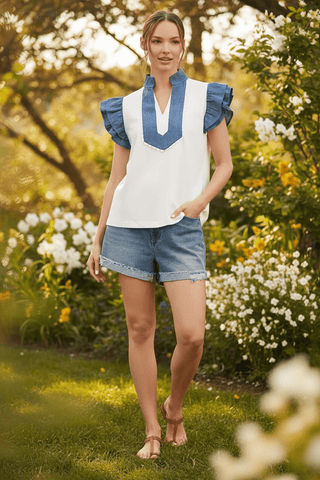 Jodifl Layered Ruffle Sleeve Top with Denim Contrast-Women's Tops-Simply Blessed Children's Boutique
