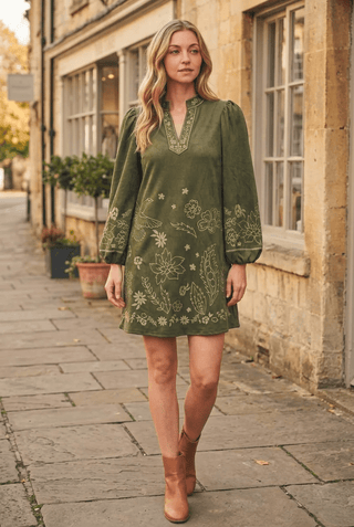 Jodifl Women's Olive Faux Suede Dress with Floral Embroidery-Women's Dresses-Simply Blessed Children's Boutique