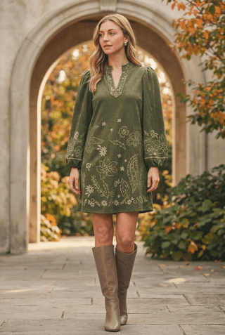 Jodifl Women's Olive Faux Suede Dress with Floral Embroidery-Women's Dresses-Simply Blessed Children's Boutique