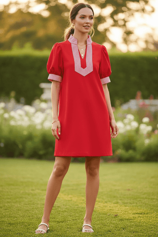 Jodifl Puff Sleeve Shift Dress with Stripe Accent & Side Pockets-Women's Dresses-Simply Blessed Children's Boutique