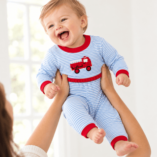 Itsy Bitsy Baby Boys Light Blue Firetruck Romper with Red Trim-Boys One-Piece-Simply Blessed Children's Boutique