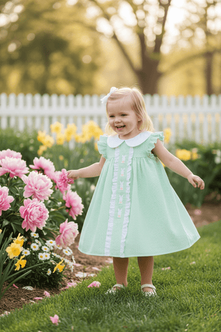 Lil Cactus Girls Green Seersucker Bunny Easter Dress - Heirloom Ruffle Dress - Simply Blessed Children's Boutique
