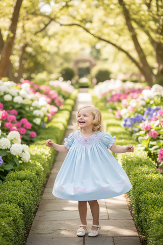 Lil Cactus Blue and Pink Bow Smocked Bishop Dress | A Southern Classic for Sweet Memories - Simply Blessed Children's Boutique