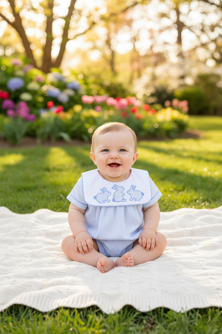 Lil Cactus Baby Boy Blue Striped Bunny Appliqué Easter Romper - Simply Blessed Children's Boutique