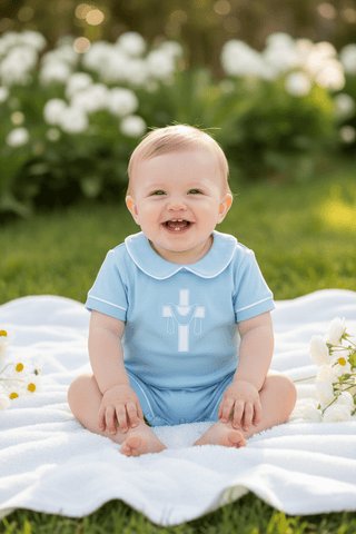 Ishtex Boys’ Blue Cross Embroidered Romper – Timeless Baptism & Easter Outfit - Simply Blessed Children's Boutique