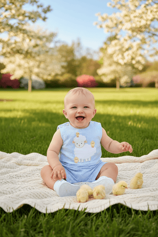 Petit Ami Baby Boys Blue Seersucker Lamb Jon Jon - Simply Blessed Children's Boutique