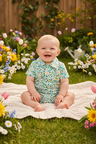 Magnetic Me Bunny Garden Modal Polo Pocket Short Romper for Baby Boys - Simply Blessed Children's Boutique