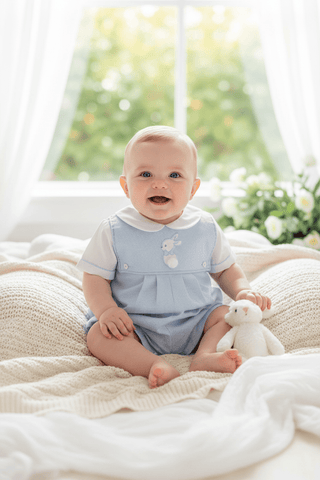 Petit Ami Blue Check Boys Easter Shortall - Removable Bunny - Simply Blessed Children's Boutique