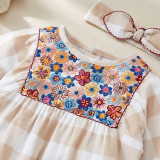 Mud Pie Neutral Embroidered Floral Longall with Headband-Misc.-Simply Blessed Children's Boutique