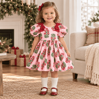 Mud Pie Christmas Block-Print Bow Dress-Girls Dresses-Simply Blessed Children's Boutique