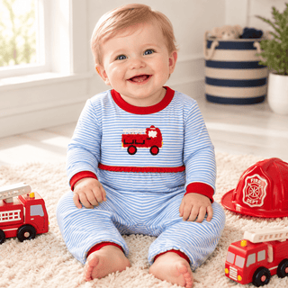 Itsy Bitsy Baby Boys Light Blue Firetruck Romper with Red Trim-Boys One-Piece-Simply Blessed Children's Boutique
