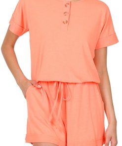 Ladies Neon Coral Romper with Pockets