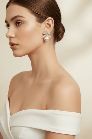 Luminous Pearl & Shimmering Rhinestone Bowknot Earrings-Women's Earrings-Simply Blessed Children's Boutique