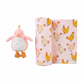 Pink Chicken Swaddling Blanket & Rattle Set
