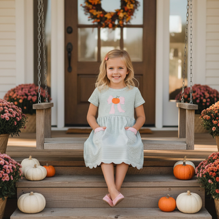Ishtex Girls Pumpkin and Bow Applique Striped Dress-Girls Dresses-Simply Blessed Children's Boutique