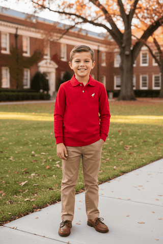 Long Sleeve Prim and Proper Polo - Richmond Red from The Beaufort Bonnet Company-Boys Long Sleeve Shirts-Simply Blessed Children's Boutique