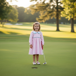 Itsy Bitsy Girls Pink Microstripe Golf Dress with Embroidered Collar-Girls Dresses-Simply Blessed Children's Boutique