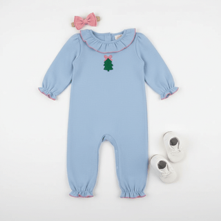 Long Sleeve Ramona Ruffle Romper - Barrington Blue and Romany Rose with Embroidered Christmas Tree/ TBBC-Infants-Simply Blessed Children's Boutique