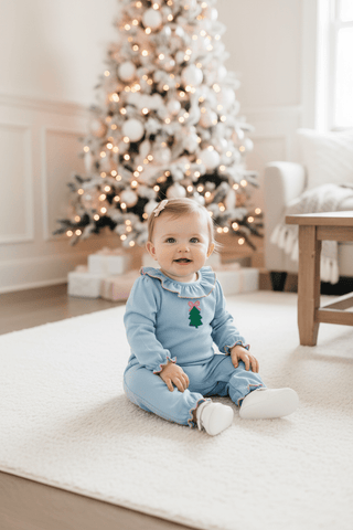 Long Sleeve Ramona Ruffle Romper - Barrington Blue and Romany Rose with Embroidered Christmas Tree/ TBBC-Infants-Simply Blessed Children's Boutique