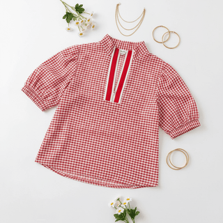 Red Gingham Short Sleeve Colorblock Trim Split Neck Blouse-Women's Short Sleeve Shirt-Simply Blessed Children's Boutique