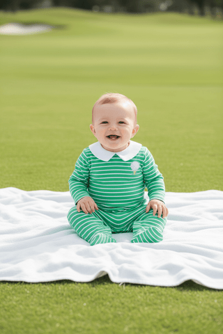 Rock Me Romper – Gibson Island Green Stripe/Worth Ave White/Golf | The Beaufort Bonnet Company-Boys One-Piece-Simply Blessed Children's Boutique
